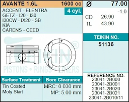 Поршень двигателя TEIKIN 51136 STD (4шт/упак)
